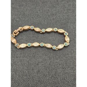 Gold Tone Marquise Clear Crystal Teal Blue Rhinestone Link Bracelet 6.5 Inch